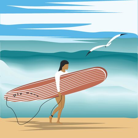 Surfing - seascape - big wave, seagull, sky. The girl goes on the beach with a surfboard - illustration, vectorのイラスト素材