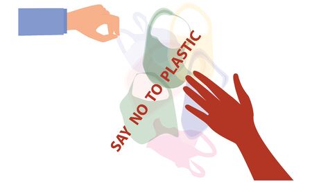Silhouettes of plastic bags in the seller's hand - the inscription Say No to plastic and red hand - isolated on white background - vector.のイラスト素材