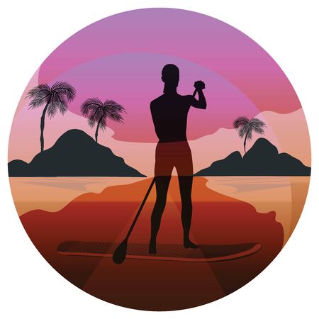 Surfer on the board with a paddle on the background of bright nature - round icon - isolated on white background vector. Relaxation. Sport. Surfingのイラスト素材