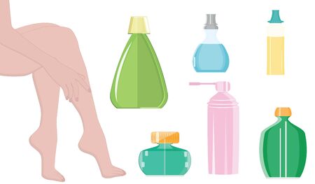 Female legs - set of bottles and jars - isolated on white background, flat style - vector. Cosmetic and therapeutic procedures for the legs.のイラスト素材