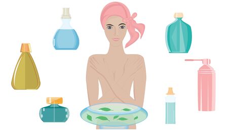 Nude woman takes cosmetic water procedure in glass basin - set of bottles - isolated on white background - flat style - vector. Body careのイラスト素材
