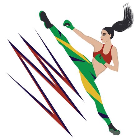 Kixbox - nice girl in a bright sports suit makes a kick - isolated on white background - vector. Life style.のイラスト素材