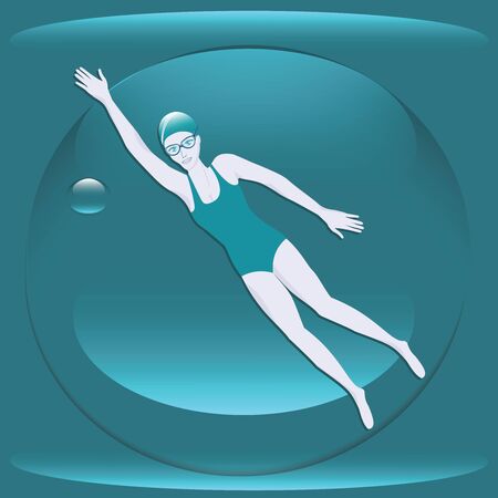 Swimmer woman in a swimsuit, glasses, cap, abstract water - illustration, vector. Sports lifestyle. Pool. Character for water sports.のイラスト素材
