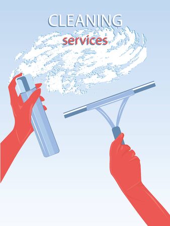 Home cleaning - washing window glass - hands in red gloves, spray, mop - lather - illustration, vectorのイラスト素材