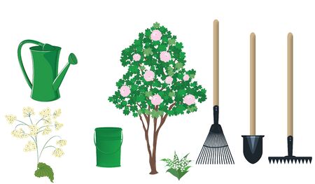 Flowering tree, watering can, bucket, shovel, rake, pitchfork - flat style - vector. Gardening Toolsのイラスト素材