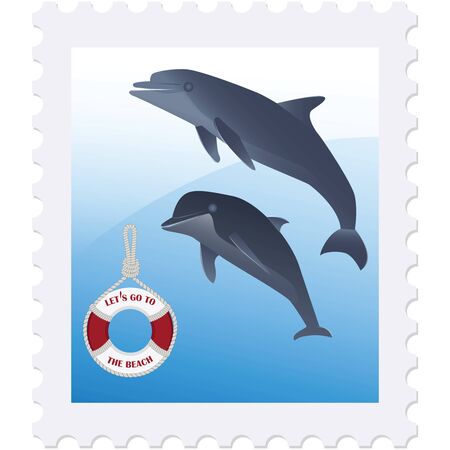 Postage stamp - Dolphins and a life preserver - isolated on white background - vector. Rest on the sea. Healthy lifestyleのイラスト素材
