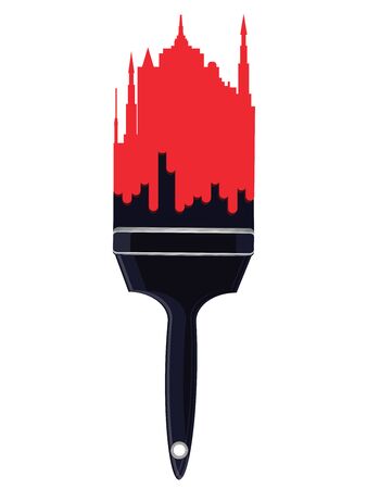 Red city buildings on the black handle of paint brush - isolated on white background - flat style - vectorのイラスト素材