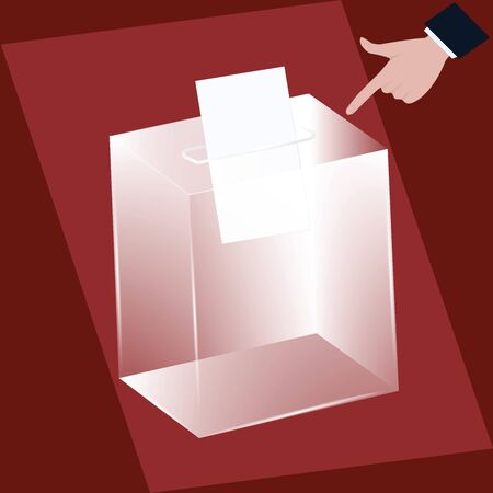 Ballot box - transparent glass - male hand - finger pointing to newsletter - vector. Voting, election concept.のイラスト素材