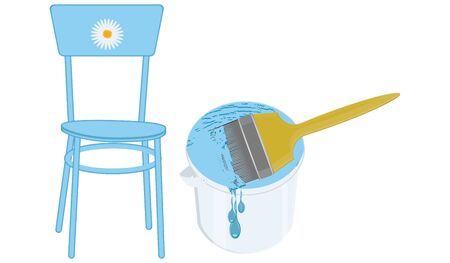 The chair is blue decorated with a chamomile, a can of paint with a brush is isolated on a white background - vector.のイラスト素材