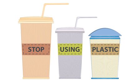 Take-away, disposable cups - inscription Stop use plastic - isolated on white background - vectorのイラスト素材