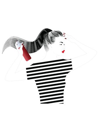 Woman with long hair does her hair - spray varnish - isolated - flat style - vectorのイラスト素材