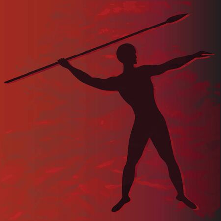 The athlete throws a spear - a silhouette on an original fiery red background in grunge style - art, vectorのイラスト素材