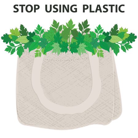 Canvas bag with a garland of green leaves - flat style - isolated on white background - vector. Stop using plastic. Eco product.のイラスト素材