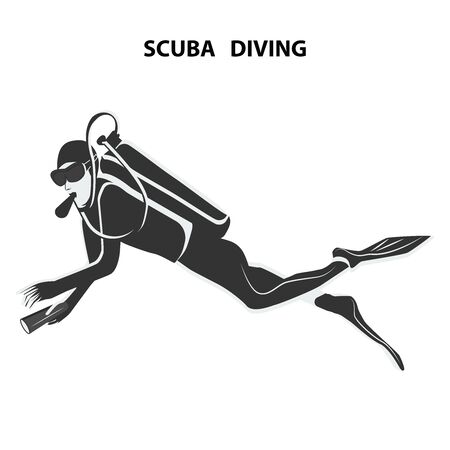 Diver silhouette in mask with scuba diving - isolated on white background - vector. Underwater sportのイラスト素材