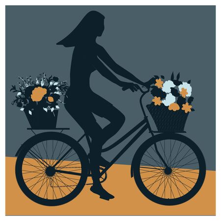 Silhouette of a girl on a bicycle with flowers in baskets - vector.のイラスト素材