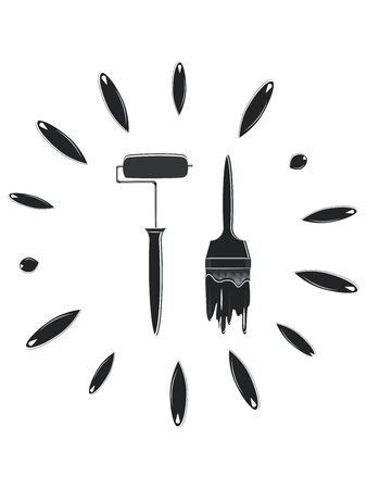 Icon - Paint roller and brush with flowing paint drops - black on white background - vectorのイラスト素材
