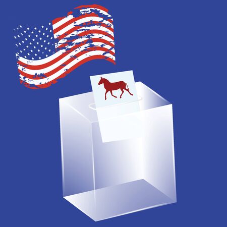 Transparent ballot box - a bulletin with a donkey, a political symbol of the Democrats - the US flag in grunge style - vector. US political partiesのイラスト素材
