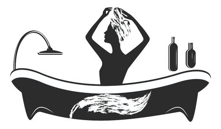 Silhouette woman sitting in bath - with soap suds on her head washes her hair - isolated - on white background - vector. Body careのイラスト素材
