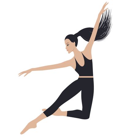 Jumping dancer - long hair gathered in a ponytail - in sports leggings and a topic - isolated on white background - vectorのイラスト素材