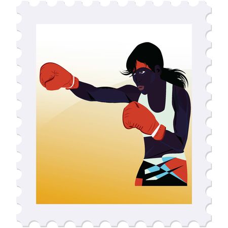 Postage stamp - African woman boxer - isolated on white background - vector. Sport. Boxing Championship. Healthy lifestyleのイラスト素材