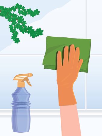 Cleaning service - Wash window glass - hand in rubber glove, napkin, spray - illustration, vectorのイラスト素材