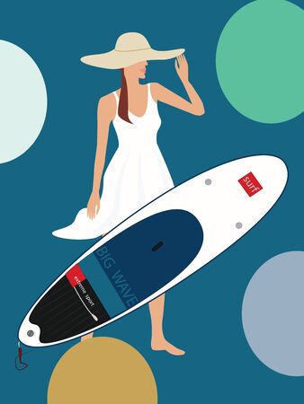 Surfer woman in hat and summer dress - surfboard - flat style - vectorのイラスト素材