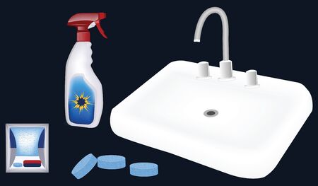 Cleaning products - pills and spray, white sink - on dark background - flat style - vectorのイラスト素材