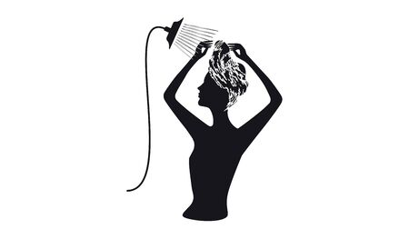 Silhouette woman with foam on the head washes the hair under the shower - isolated - on white background - flat style - vector. Body careのイラスト素材