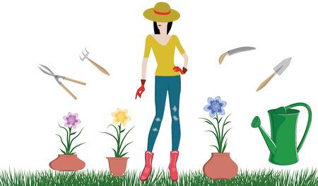 Work in the garden. Girl in a hat, in rubber gloves and boots, tools - ceramic pots with flowers, watering can - isolated on white background - vectorのイラスト素材