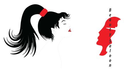 Beauty salon logo - Female face mask and Girl with long tail on head - flat style, isolated on white background - vectorのイラスト素材