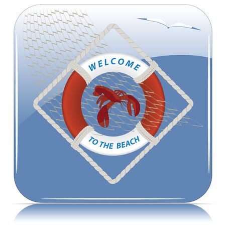 Lifebuoy, lobster, fishing net. Welcome to the beach. The concept of sports recreation. Isolated blue square icon.のイラスト素材