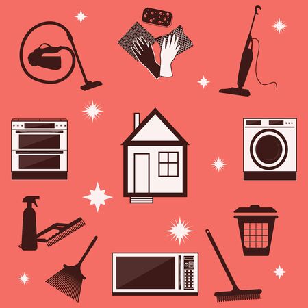 Cleaning products and household appliances - on a coral background - flat style - vector.のイラスト素材