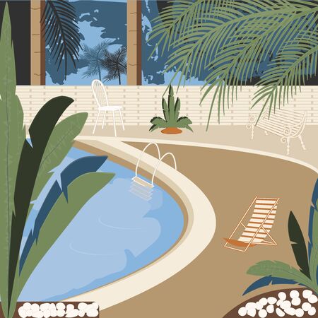 Pool - interior - chaise longue, armchair, chair, trees, fenced area, - illustration, vector. Relaxation. Swimming.のイラスト素材