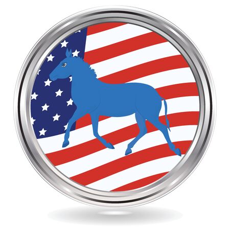 Donkey political symbol of the Democrats on the background of the USA flag - Metal round icon - vector. US political partiesのイラスト素材