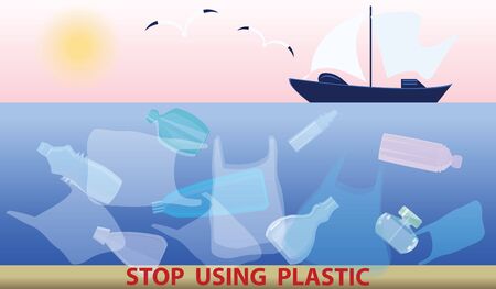 Sea, yacht - Transparent bottles, jars, flasks, packages in water - inscription Stop use plastic - illustration, vectorのイラスト素材