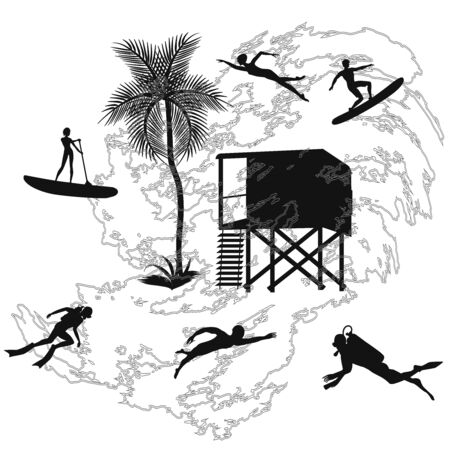 Silhouettes of athlete. Water sports - surfer, diver, swimmer - lifeguard tower, palm tree, abstract wave - isolated on white background - vector.のイラスト素材