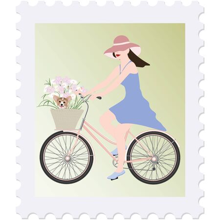 Postage stamp - Girl on bike, basket with a bouquet of flowers and a dog - isolated on white background - vector. Journey. Paris.のイラスト素材
