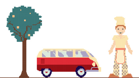 vector illustration of car, tree and man stylized as a pixel artのイラスト素材