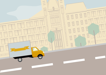 Vector illustration of landscape with yellow lorry.  Solid fill only no gradients, no gradient mech.  のイラスト素材