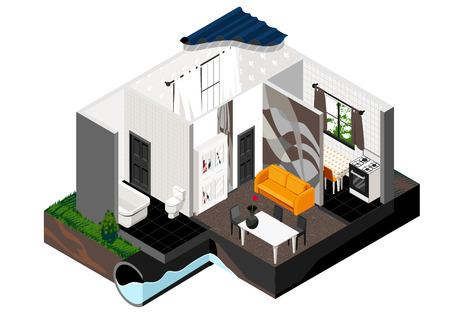 Vector isometric cut of a house. Single store building. Simple interior, schematic illustrating of sewerage arrangement. . Can be used as icon or gameplay for games and mobile apps.のイラスト素材