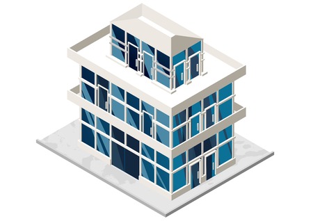 Vector illustration of 3d building. Isometric view of multistorey building. Can be used as icon of hospital hotel mall business center factory or dwelling house for games and mobile apps.のイラスト素材