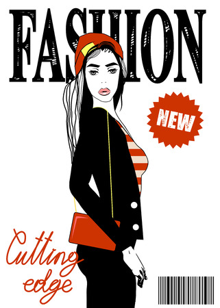 Vector illustration of magazine cover with girl. Can be used for stationery, advertisement or some covers design.のイラスト素材