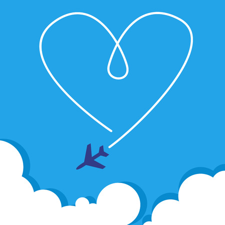 Vector illustration of a tiny flight silhouette in clouds drawing a heart. Can be used as flyer, cover, business cards, envelope, and brochure background.のイラスト素材