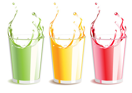 illustration of a set of the splashing fresh colorful juices on white.  Orange juice, kiwi juice, cherry juice.のイラスト素材