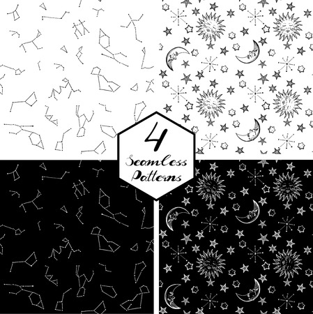 Vector black and white seamless patterns set of a night sky with stars, constellations, moon and...