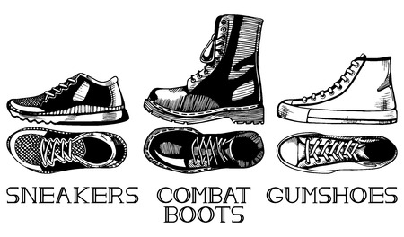 Vector illustration of casual shoes set in old fashioned vintage engraving style top and side view. Sneakers, Gumshoes, combat bootsのイラスト素材