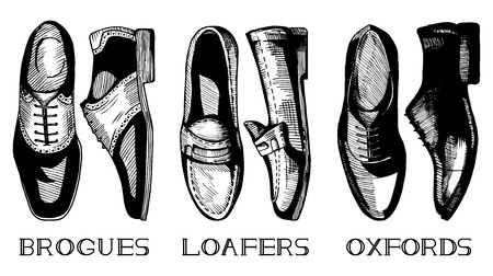 Vector illustration of menâs classic shoes set in vintage ink hand drawn style. Brogues, Loafers, Oxfords; top and side view.のイラスト素材