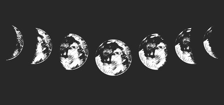 Vector illustration set of moon phases. Different stages of moonlight activity in vintage engraving styleのイラスト素材