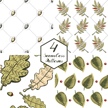 Set of 4 seamless vector backgrounds. Forest, leaves, berries, acorns printsのイラスト素材