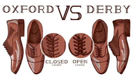Vector illustration of an infographics, illustrating the difference between oxford and derby mens suit shoes: open and closed lacing. Vintage drawing style.のイラスト素材